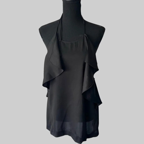 Theory Black Silk Blend Ruffle Open Back Halter Top - Picture 1 of 15